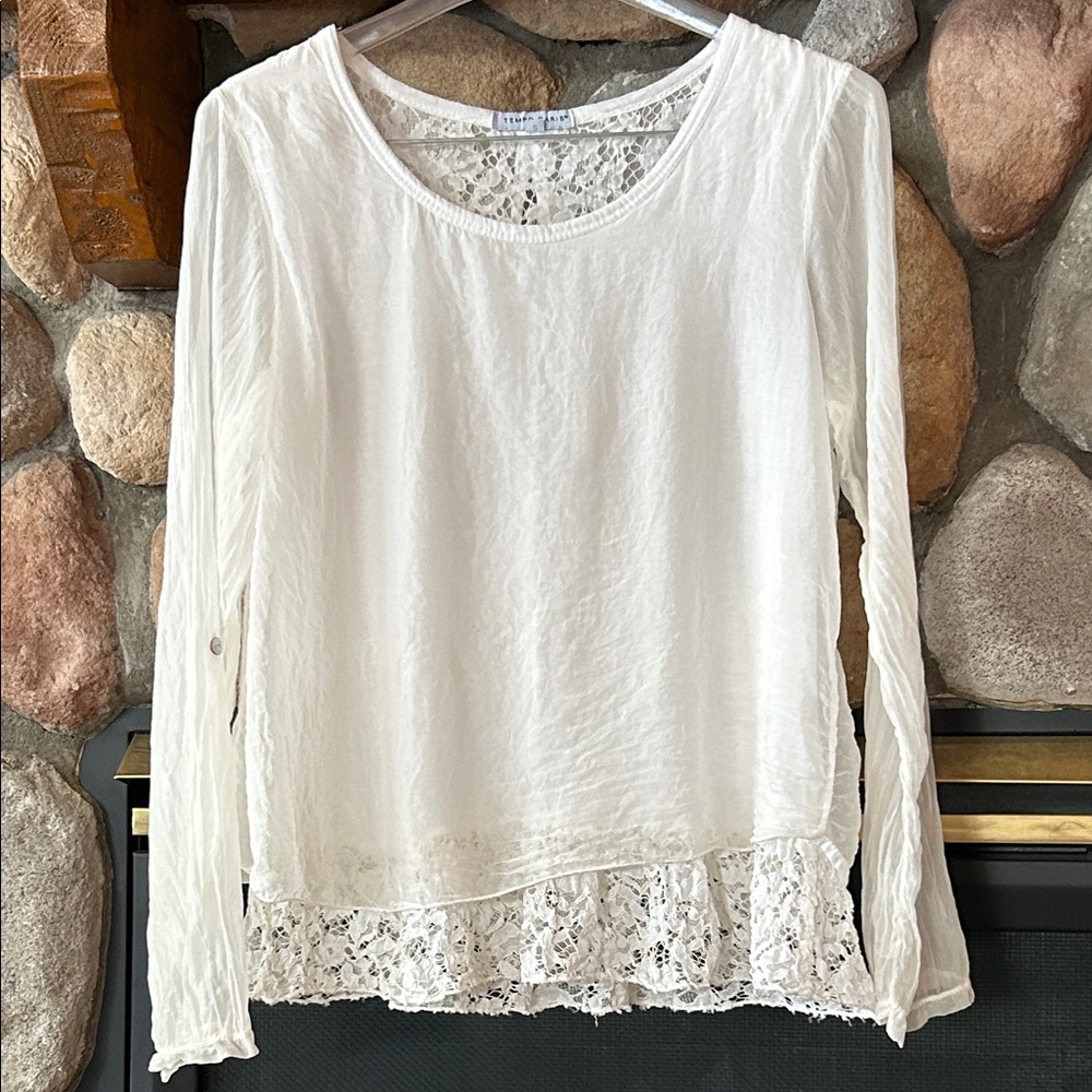 Tempo Paris White Lace And Silk Overlay With Back Ties Tunic Top,, Size S